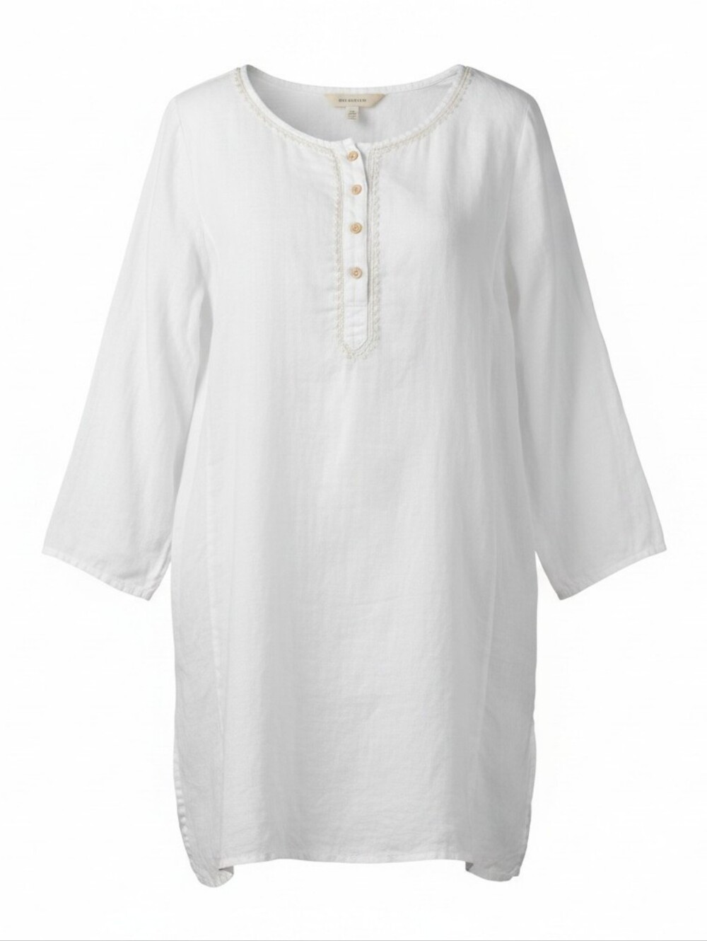 EDDIE BAUER | Lagenlook White 100% Linen Button-Front Tunic Cream Embroidery | L